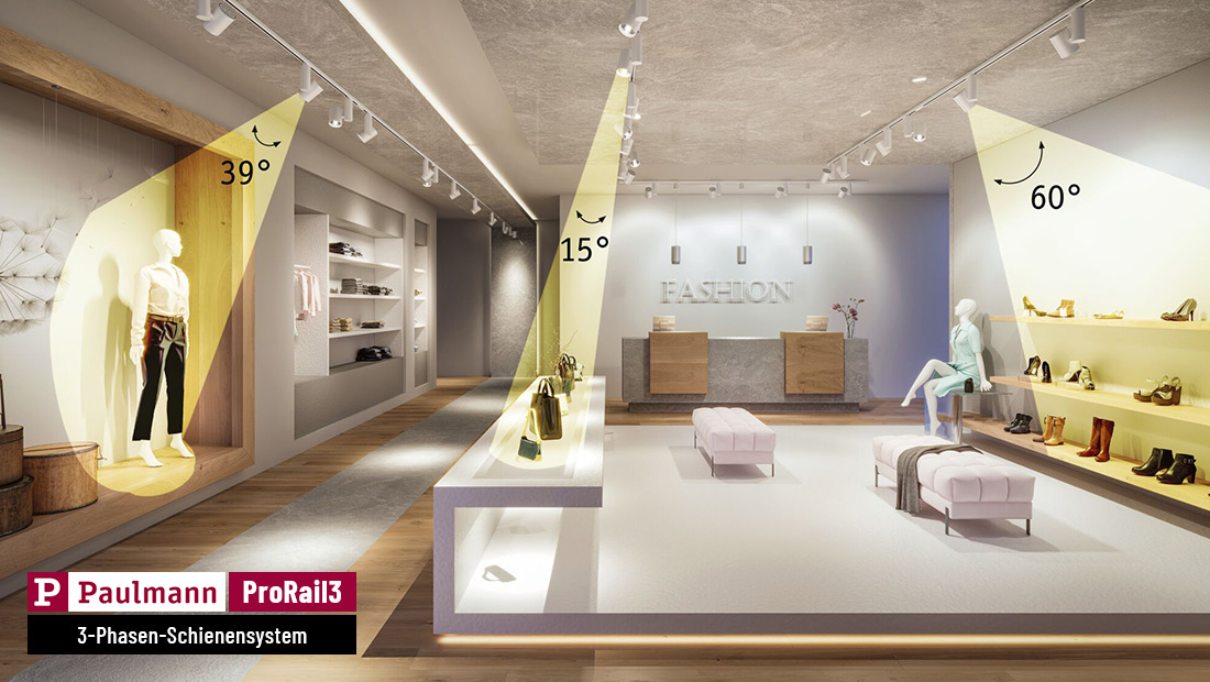 Paulmann ProRail3 mit verschiedenen Abstrahlwinkeln zur optimalen Beleuchtung von Objekten und Verkaufswaren
