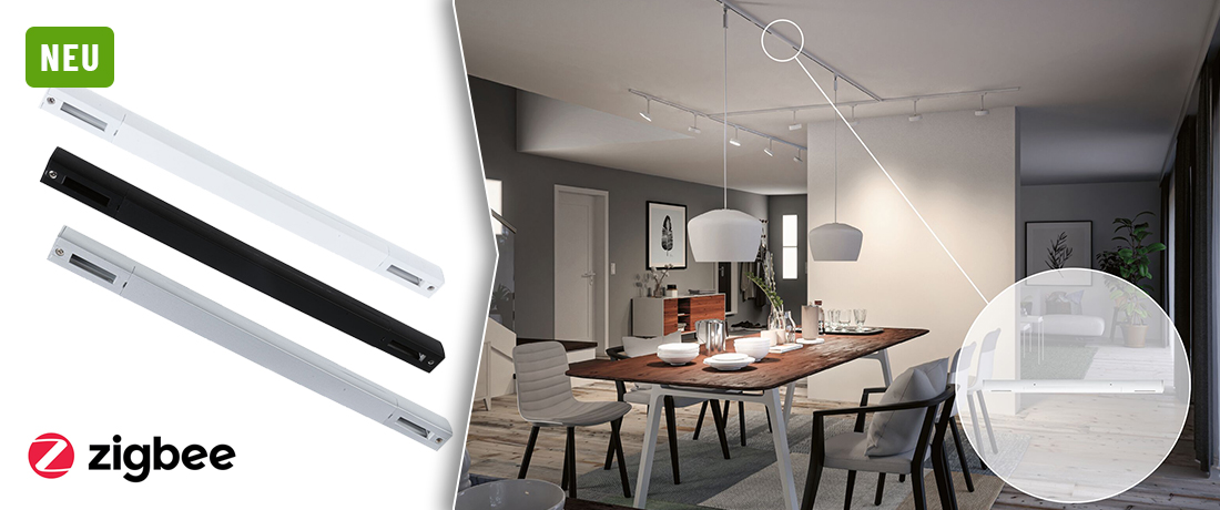 Die neue Paulmann URail Zigbee Mittel-Einspeisung in Optik und Größe der URail Stromschiene