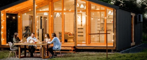 Gemütliches Beisammensein vor dem Gartenhaus - erst die richtige Beleuchtung macht das Ambiente perfekt