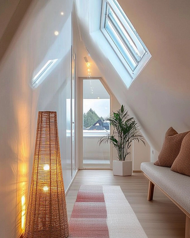Elegant eingerichteter, schmaler Flur mit Dachschräge, stilvoller Stehlampe und schlichtem Wandstrahler Elegant eingerichteter, schmaler Flur mit Dachschräge, stilvoller Stehlampe und schlichtem Wandstrahler
