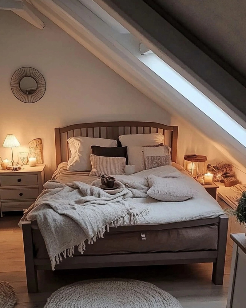 Gemütliches Schlafzimmer im Dachgeschoss mit einer Tischlampe und mehreren Windlichtern auf zwei Nachtkommoden Gemütliches Schlafzimmer im Dachgeschoss mit einer Tischlampe und mehreren Windlichtern auf zwei Nachtkommoden