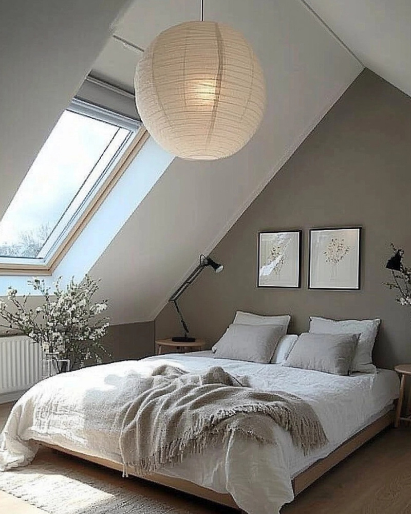 Hell gestaltetes Schlafzimmer mit moderner, runder Pendellampe zwischen zwei Dachschrägen Hell gestaltetes Schlafzimmer mit moderner, runder Pendellampe zwischen zwei Dachschrägen