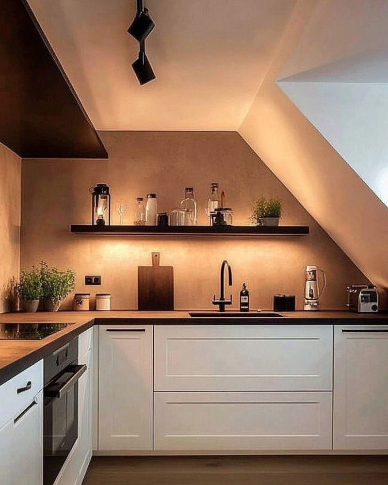 Küche im Landhausstil mit schwenkbaren Deckenstrahlern und indirekter Beleuchtung neben einer Dachschräge Küche im Landhausstil mit schwenkbaren Deckenstrahlern und indirekter Beleuchtung neben einer Dachschräge