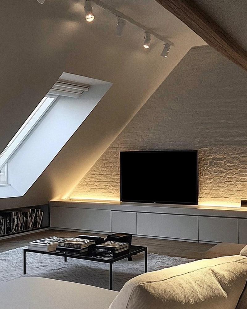 Modernes Wohnzimmer mit Lichtschiene über der Dachschräge und indirekter Beleuchtung über dem TV-Lowboard Modernes Wohnzimmer mit Lichtschiene über der Dachschräge und indirekter Beleuchtung über dem TV-Lowboard