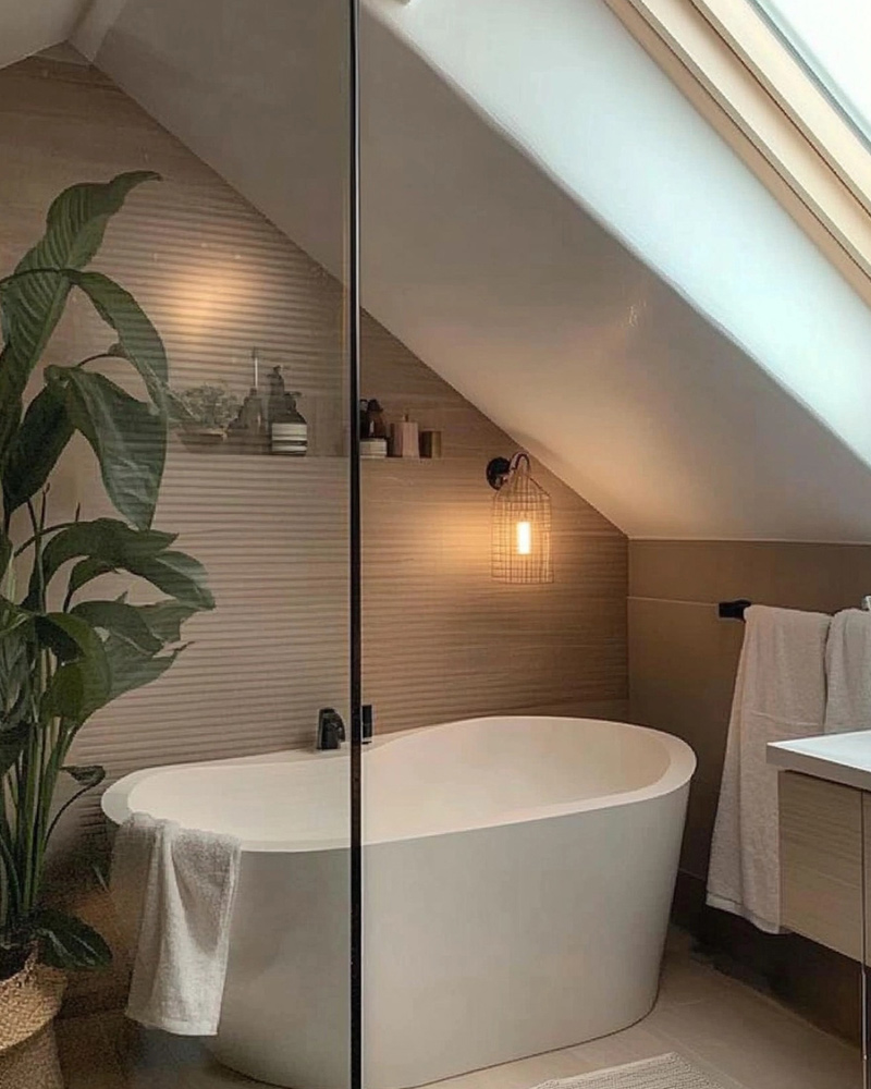 Schlichte Wandleuchte über einer edlen Badewanne in einem Bad mit Dachschräge Schlichte Wandleuchte über einer edlen Badewanne in einem Bad mit Dachschräge