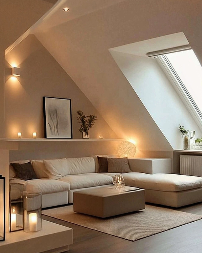 Tischlampen, Windlichter, Wandleuchten und Deckenspots in einem stilvollen Wohnzimmer mit Dachschräge Tischlampen, Windlichter, Wandleuchten und Deckenspots in einem stilvollen Wohnzimmer mit Dachschräge