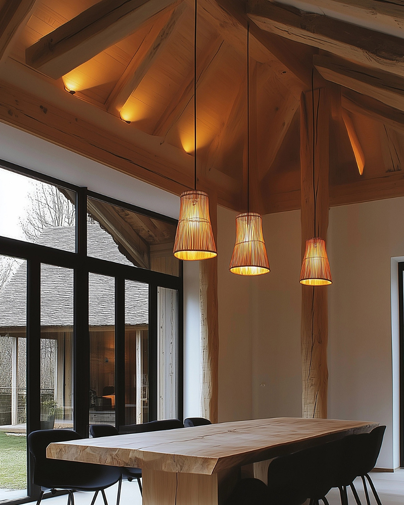 Esszimmer im rustikalen Landhausstil mit Dachbalken und Pendellampen mit Bambuslampenschirm Esszimmer im rustikalen Landhausstil mit Dachbalken und Pendellampen mit Bambuslampenschirm