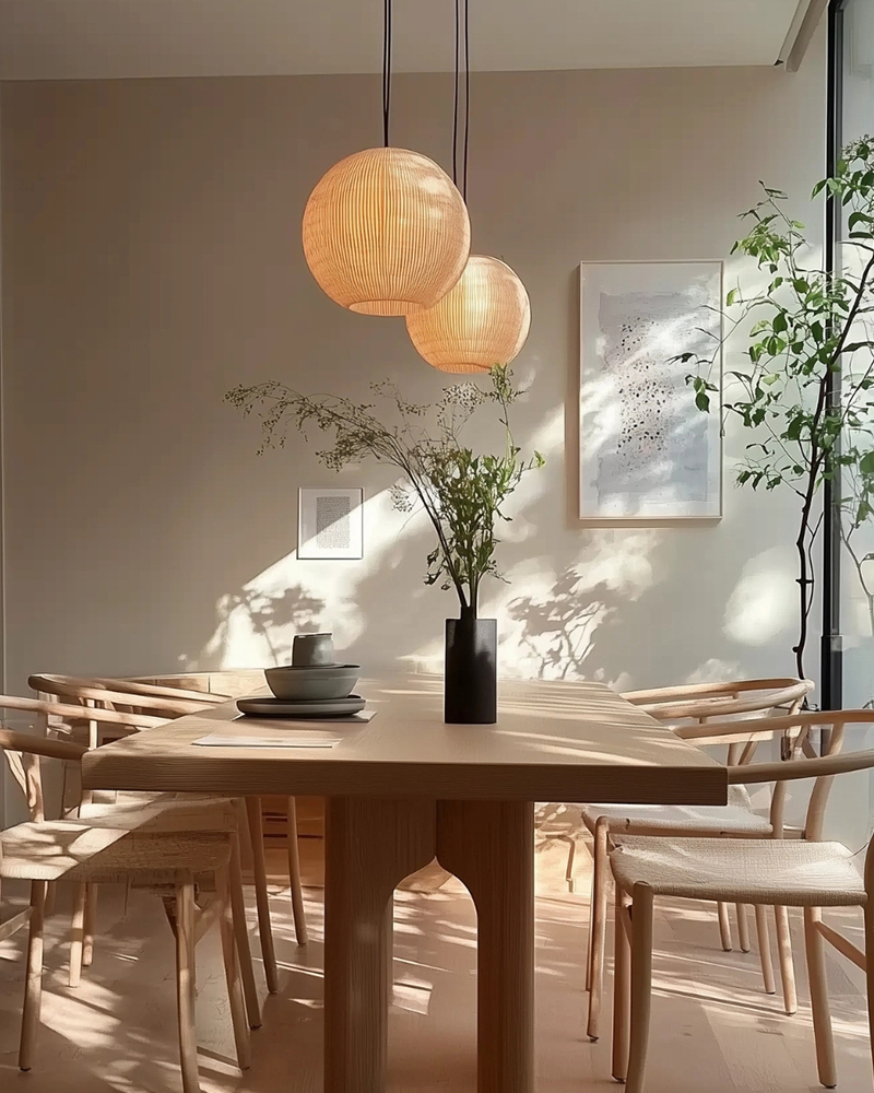 Esszimmer mit Lampen im natürlichen Look, dazu Grünpflanzen und Holzmöbel Esszimmer mit Lampen im natürlichen Look, dazu Grünpflanzen und Holzmöbel