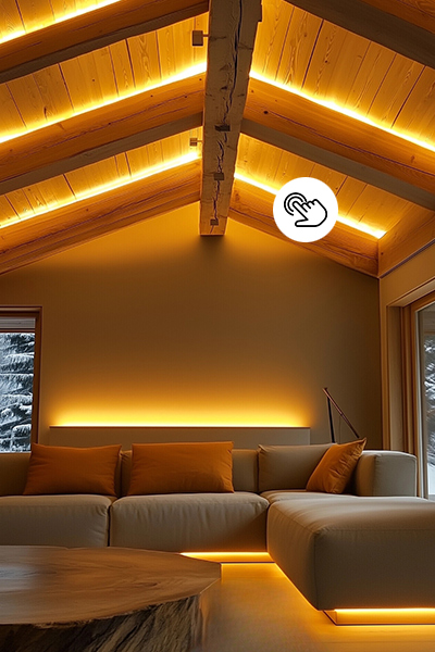 Gemütlich eingerichtetes Wohnzimmer mit LED-Stripes an den Dachbalken und Möbeln