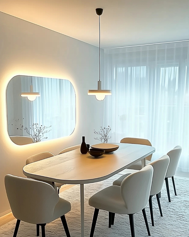 Helles Esszimmer in einheitlicher Farbgestaltung und mit abgerundeten Designs Helles Esszimmer in einheitlicher Farbgestaltung und mit abgerundeten Designs
