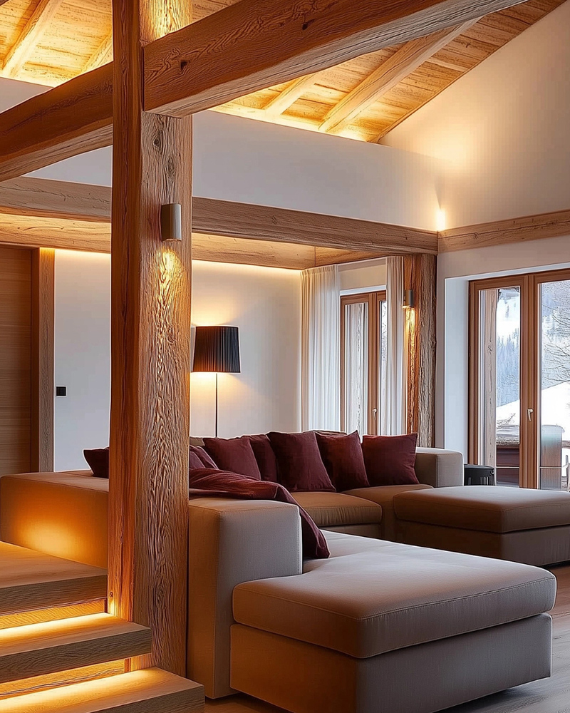 Modern und gemütlich eingerichtetes Wohnzimmer mit Holzbalken und vielen indirekten Lichtquellen Modern und gemütlich eingerichtetes Wohnzimmer mit Holzbalken und vielen indirekten Lichtquellen