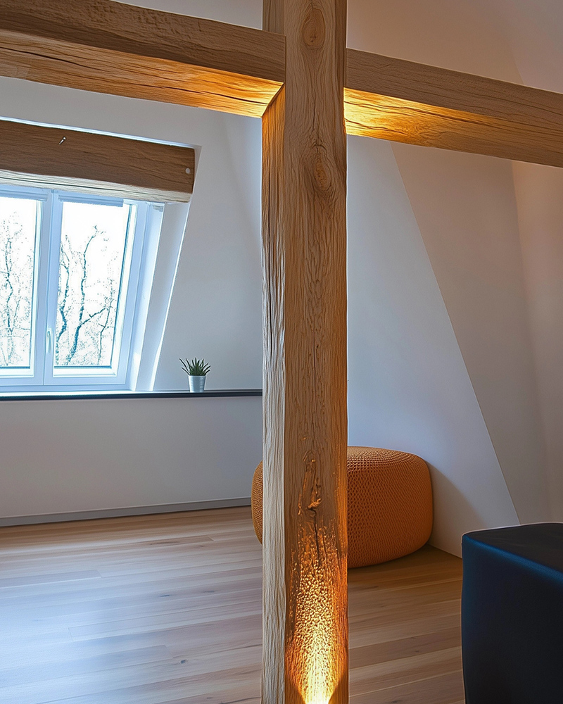 Modernes Zimmer mit indirekt beleuchteten alten Holzbalken Modernes Zimmer mit indirekt beleuchteten alten Holzbalken