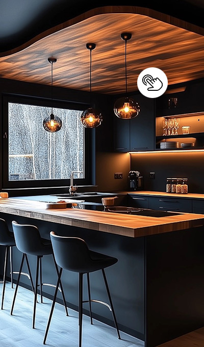 Trendige Küche in Holz und Anthrazit mit modernen Pendelleuchten über der Kücheninsel mit Barhockern