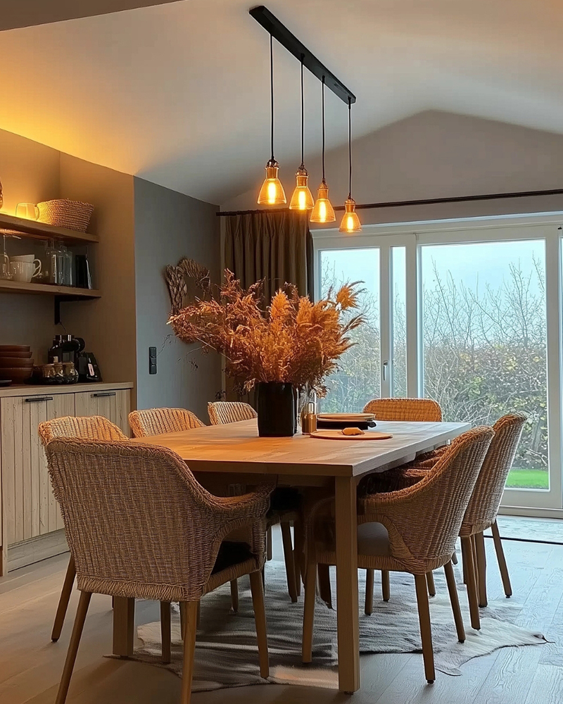 Warm dekoriertes Esszimmer mit gelblicher Lichtstimmung von Hängeleuchte und indirekter Beleuchtung Warm dekoriertes Esszimmer mit gelblicher Lichtstimmung von Hängeleuchte und indirekter Beleuchtung