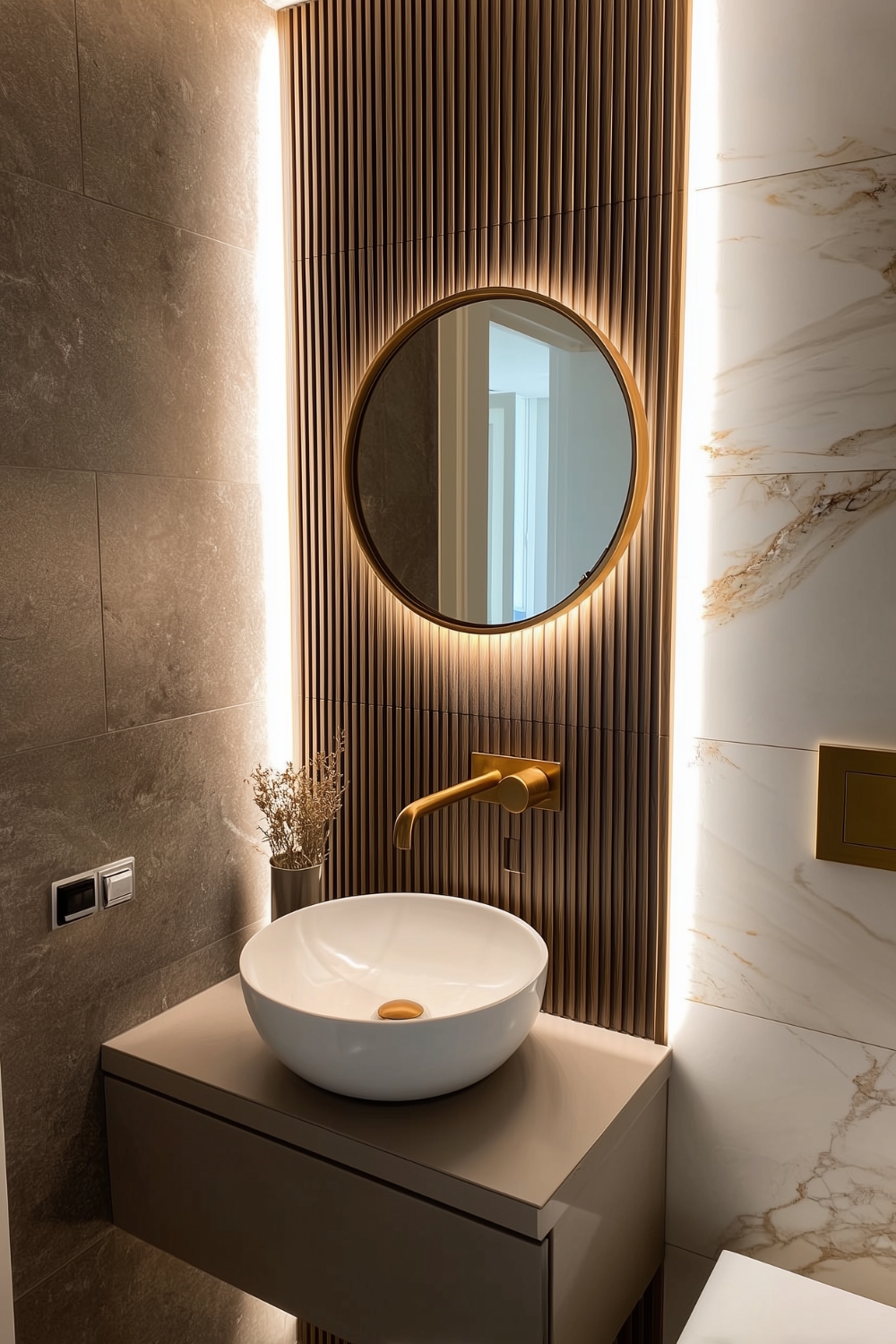 Edles Gäste-WC mit indirekter Beleuchtung und eleganten Farben