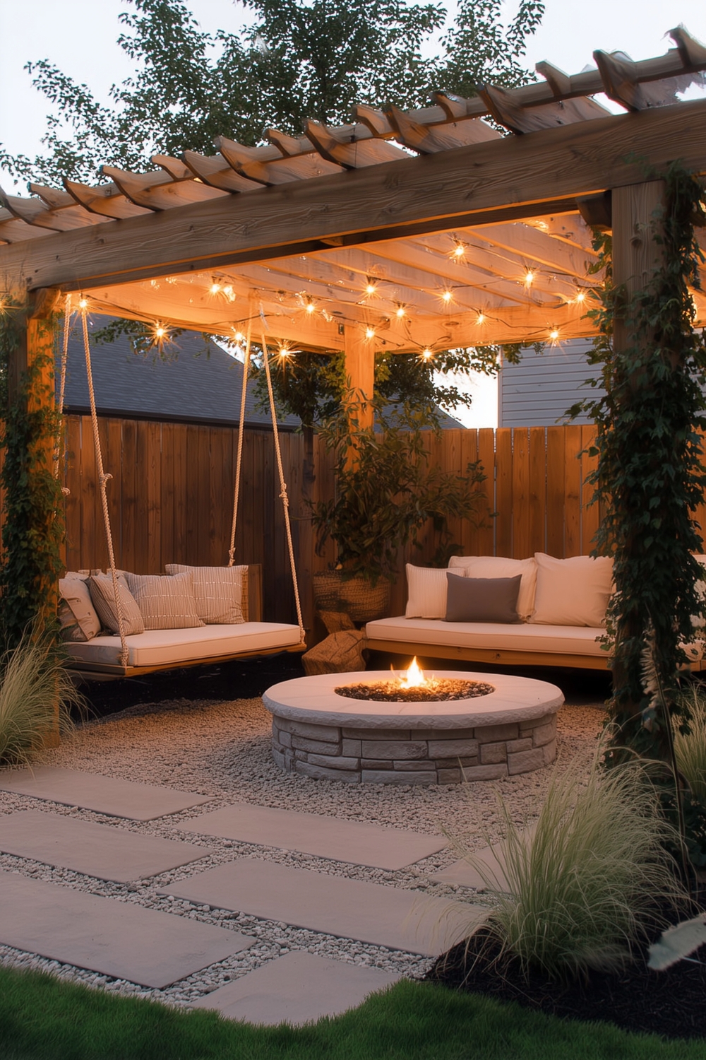 Hell gestaltete Pergola mit warmweiß leuchtender Lichterkette an den Holzbalken und innovativem Tischkamin