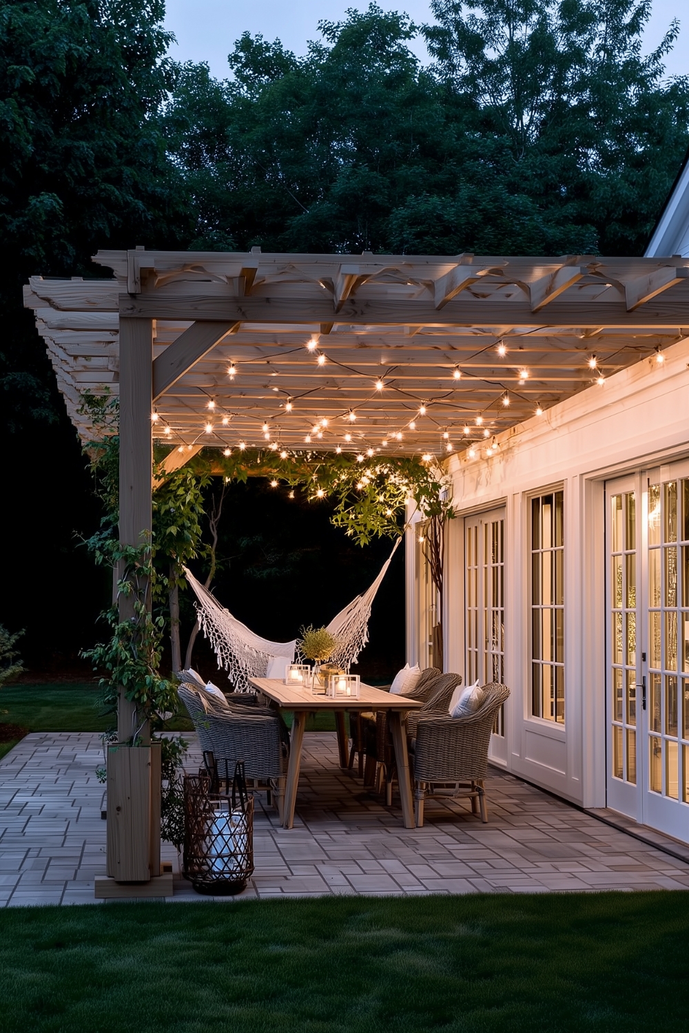 Lichterkette und Windlichter für eine romantische Beleuchtung der Pergola