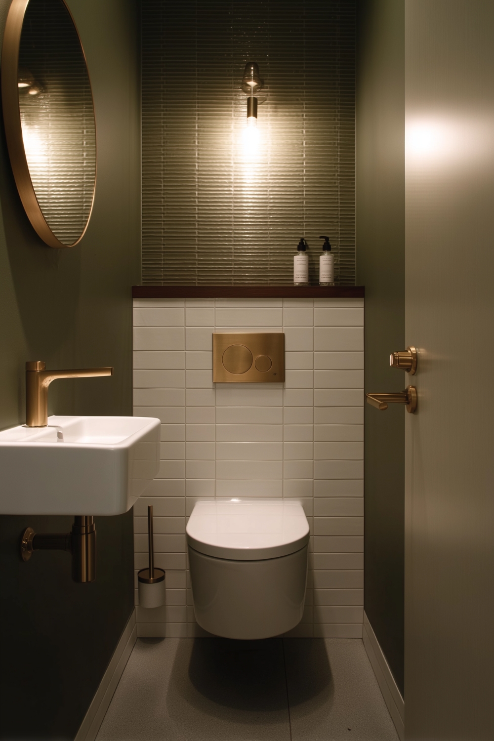 Minimalistisch eingerichtetes Gäste-WC nur mit warmem Licht dekoriert