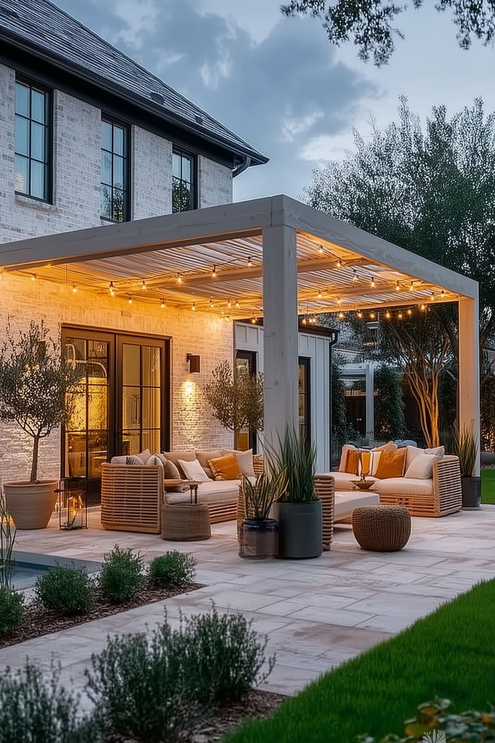 Moderne Pergola mit harmonischer Bepflanzung und Beleuchtung