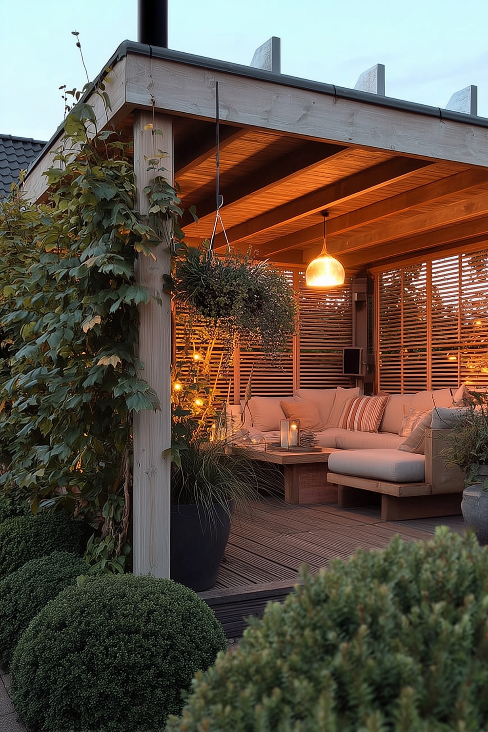 Pergola-Einrichtung als komfortables Outdoor-Wohnzimmer mit Pendellampe, Lichterkette und Windlicht