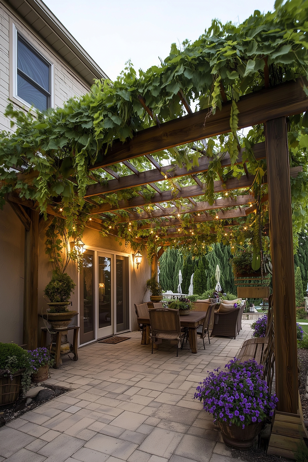 Reichlich bepflanzter Anbau mit Wandleuchten an der Hauswand und einer Lichterkette am Pergola-Dach