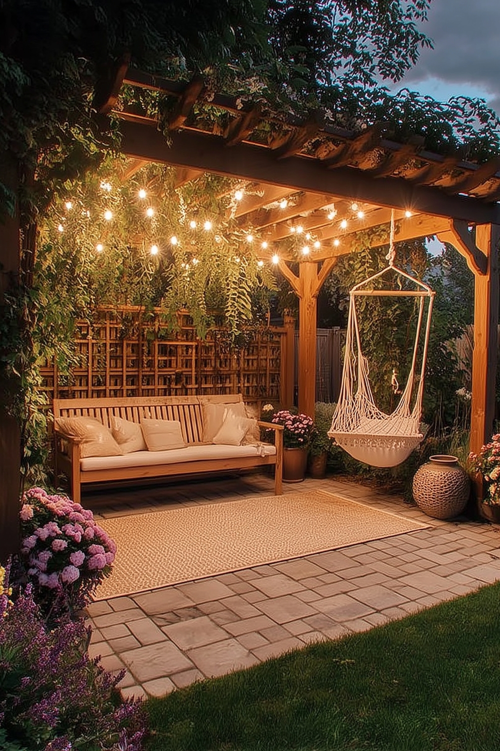 Romantisch verspielt eingerichtete Pergola aus Holz mit Lichterkette am Dach