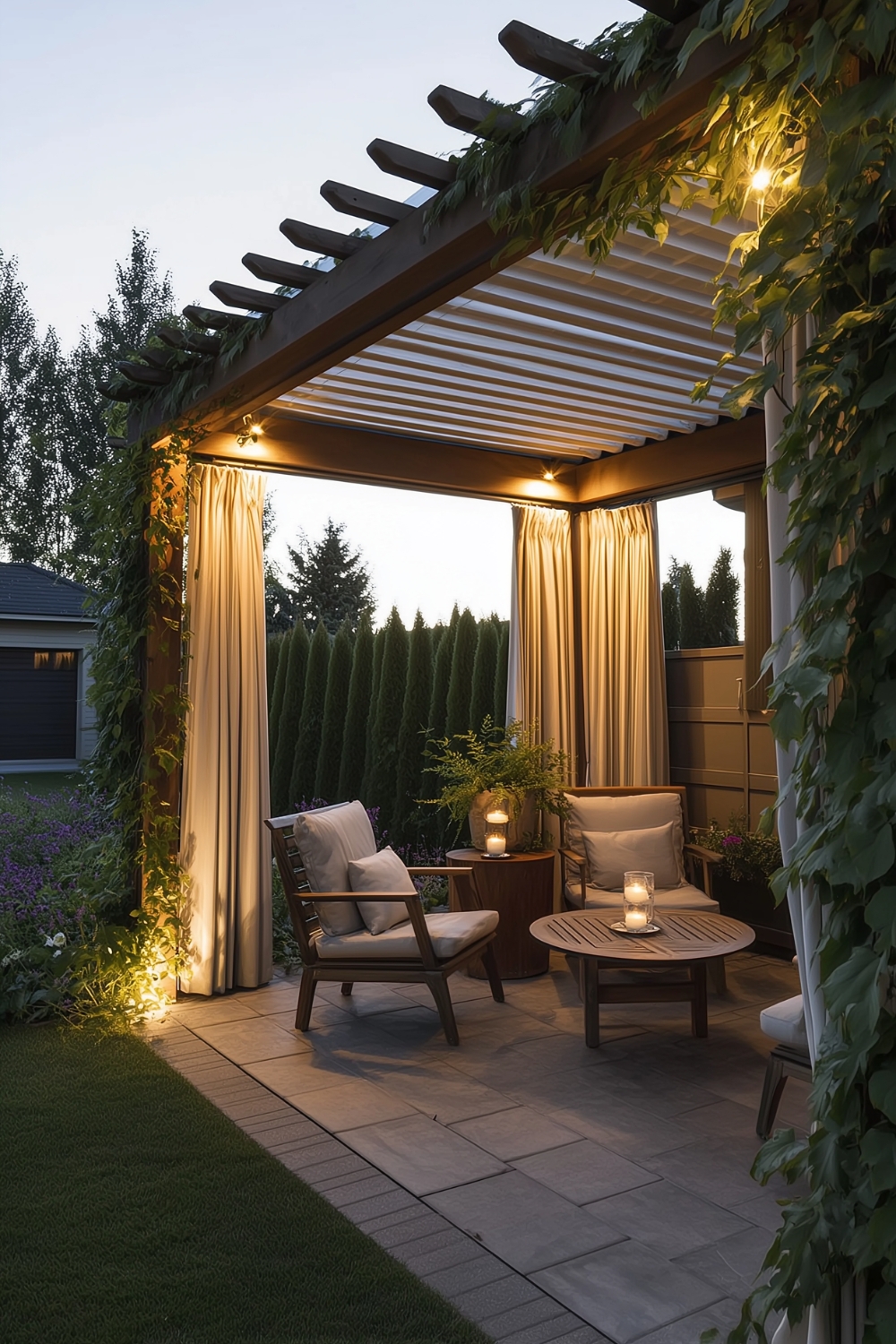 Schlichte Wandspots unter dem Lamellendach einer modernen Pergola
