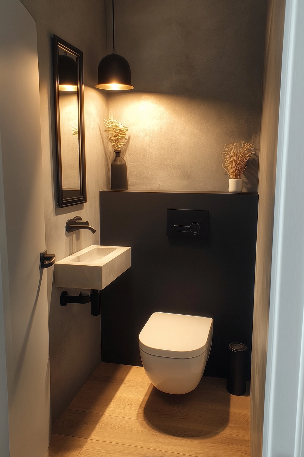 Sehr gemütlich wirkendes Gäste WC mit Pendelleuchte