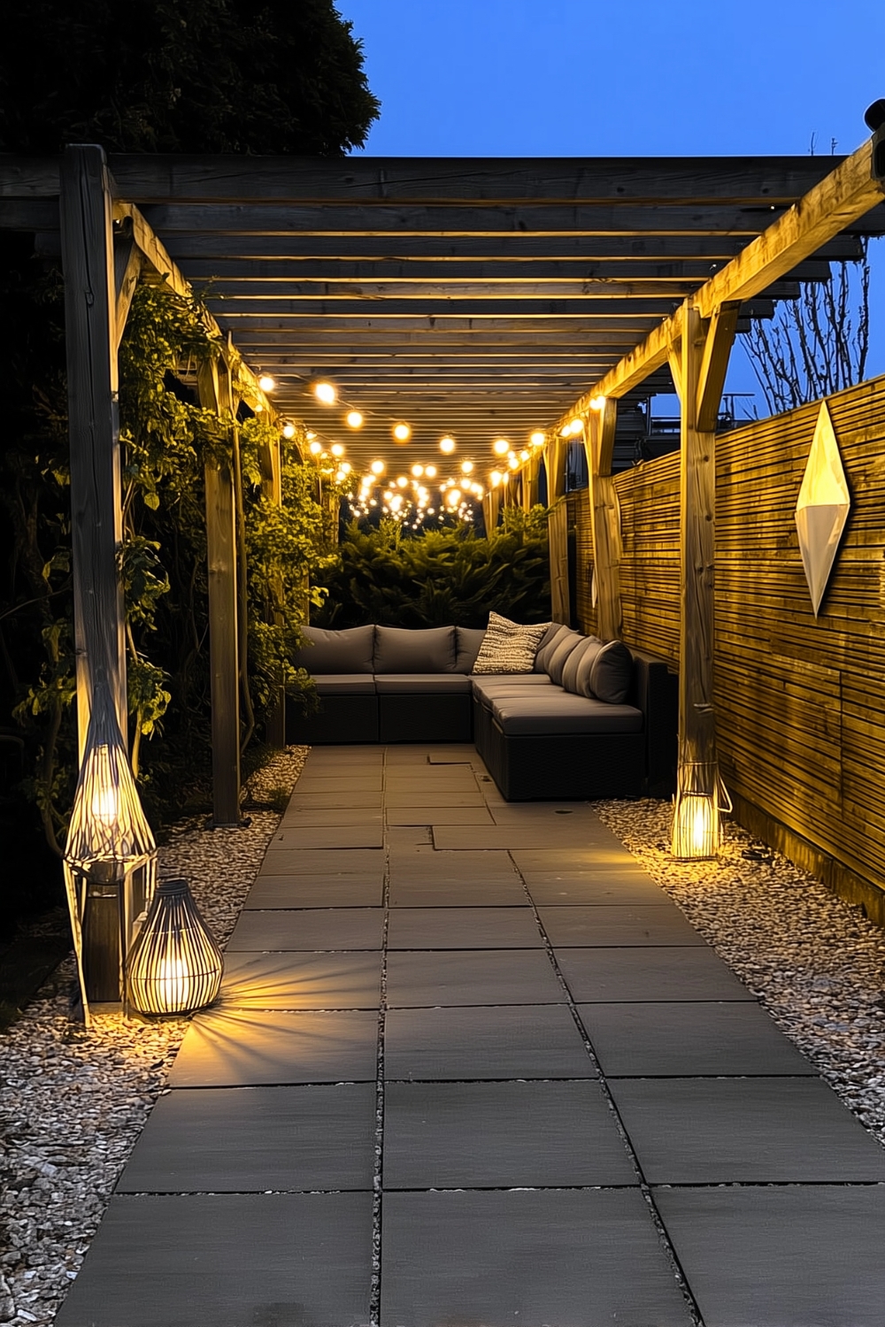 Solarleuchten vor und unter der Pergola für eine energieeffiziente Lichtlösung