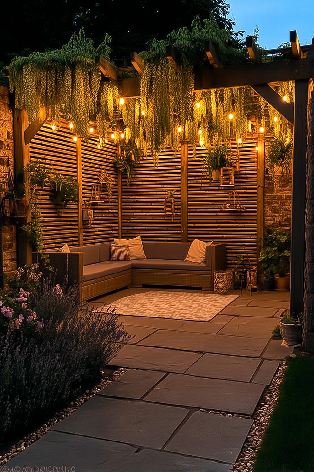 Stimmungsvoll beleuchtete Pergola in der Dämmerung