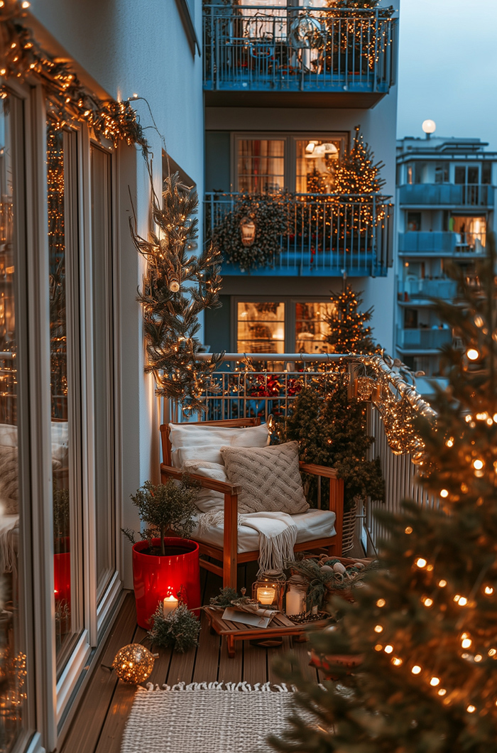 Balkon ohne Dach mit gemütlich gepolstertem Holzsessel inmitten einer weihnachtlichen Lichtstimmung samt erhelltem Weihnachtsbaum