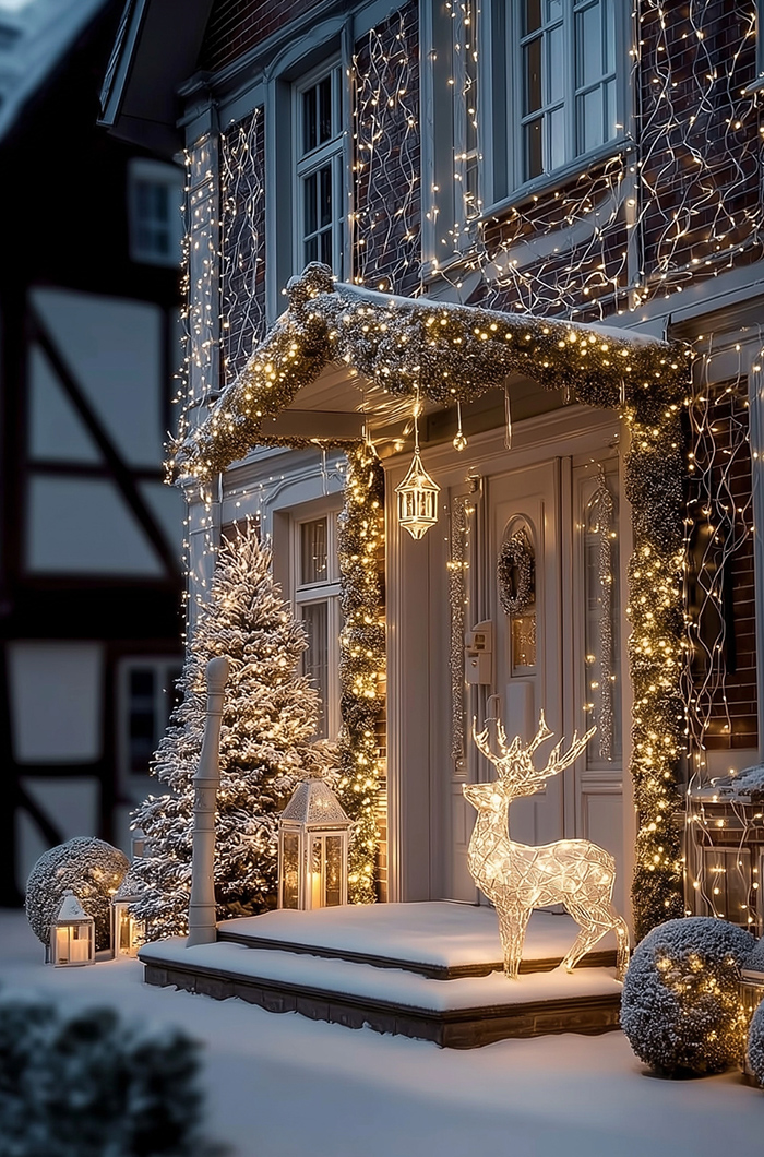Weihnachtlich dekoriertes Haus mit leuchtenden Rentierfiguren und Tannenzweigen