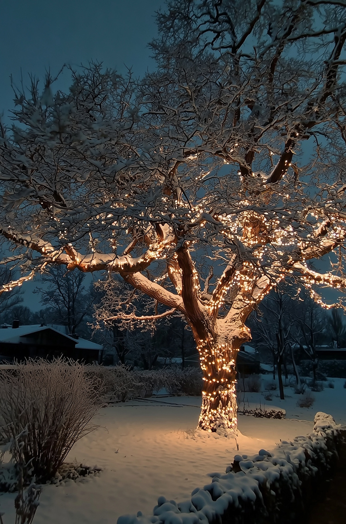 Ein schneebedeckter und leuchtender kahler Baum ist einfach ein herrlicher Anblick