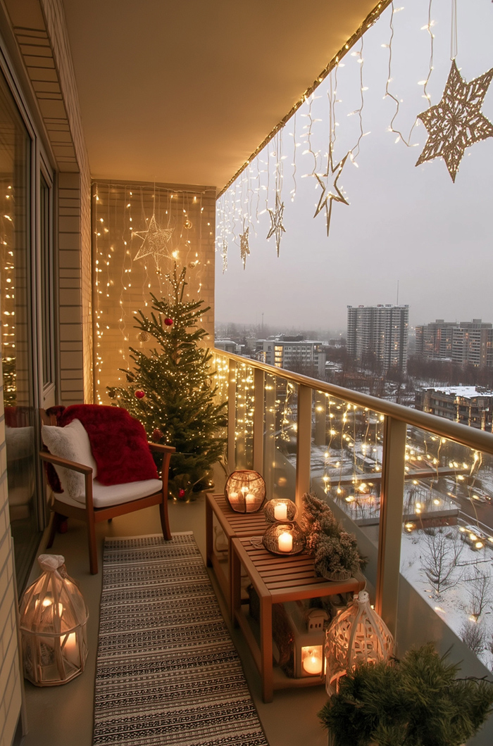 Lichtervorhänge gepaart mit Sterndeko für eine besonders festliche Balkonbeleuchtung zu Weihnachten