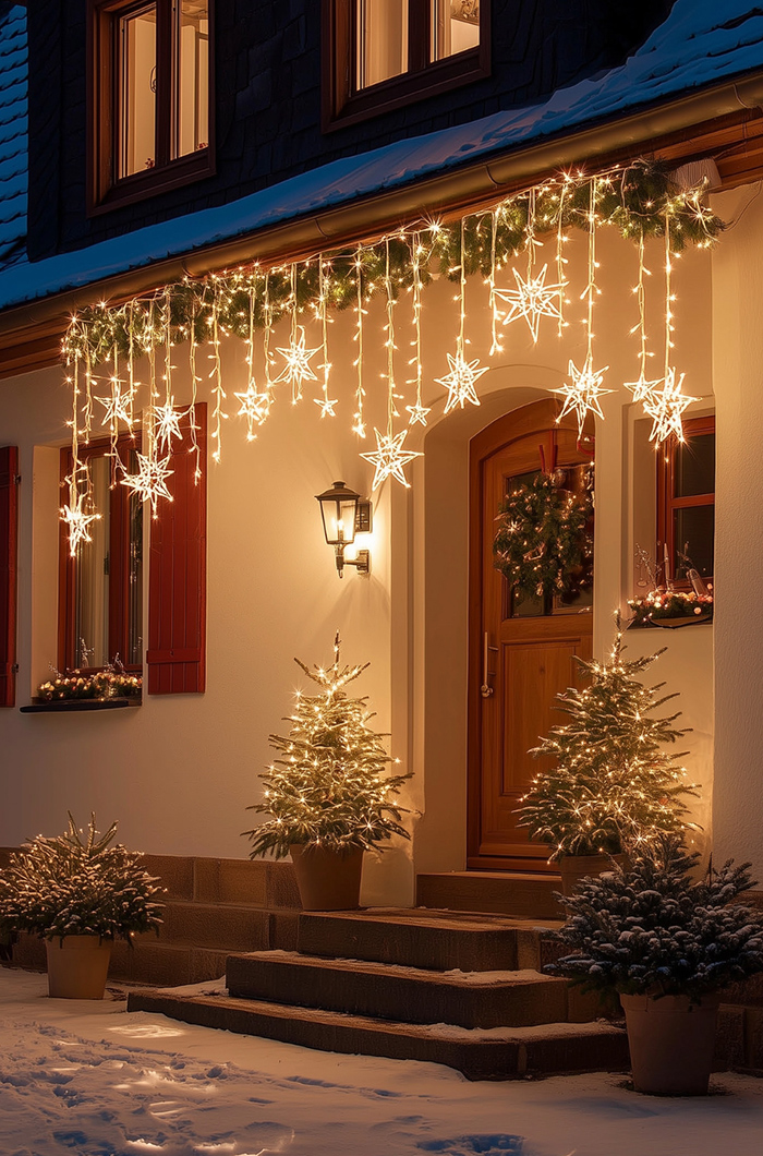 Moderner Lichtervorhang mit Sternen am Dachvorsprung über der Haustür