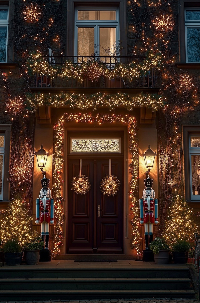 Umfangreich weihnachtlich dekoriertes Haus mit Nussknackern und beleuchteten Tannenkränzen an der Tür als einladender Mittelpunkt