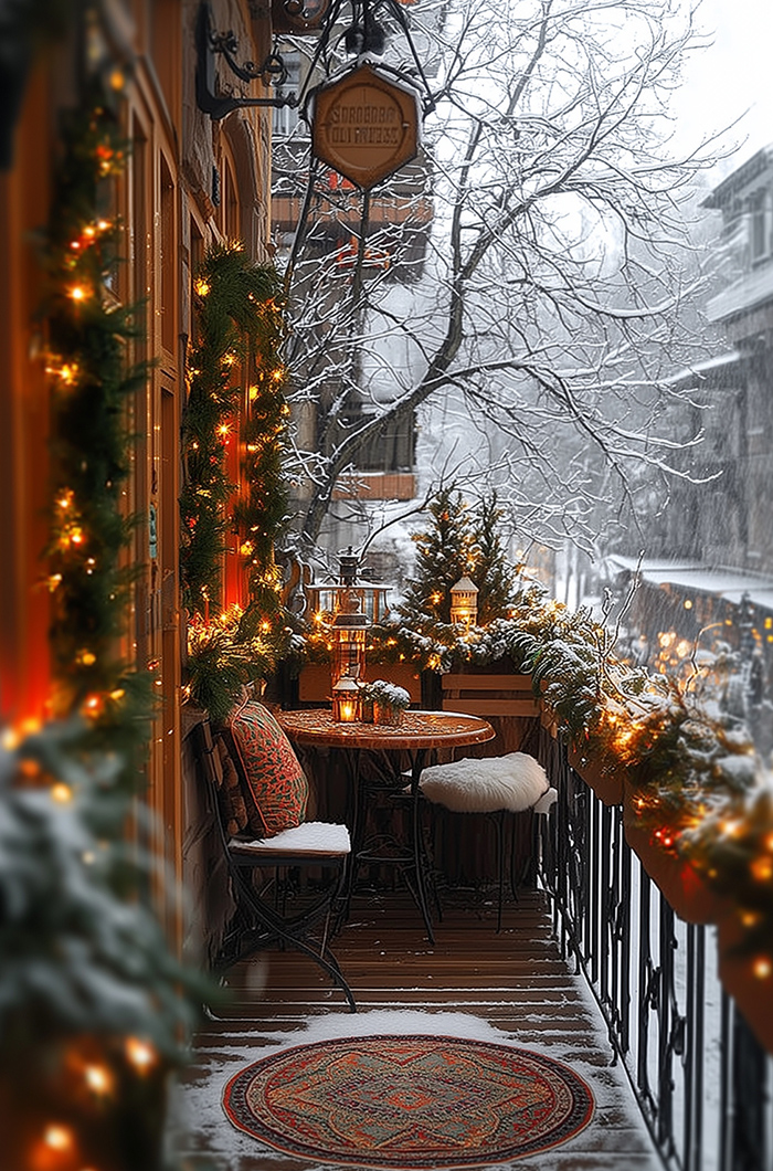 Warmweißes Licht auf dem Balkon schafft einen harmonischen Kontrast zur märchenhaften kühlen Winterlandschaft drumherum