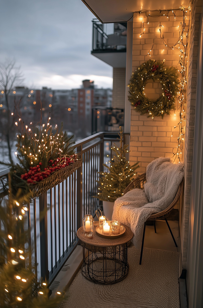 Winterlicher Balkon mit viel warmweiß erleuchtetem Grün durch klassische Lichterketten