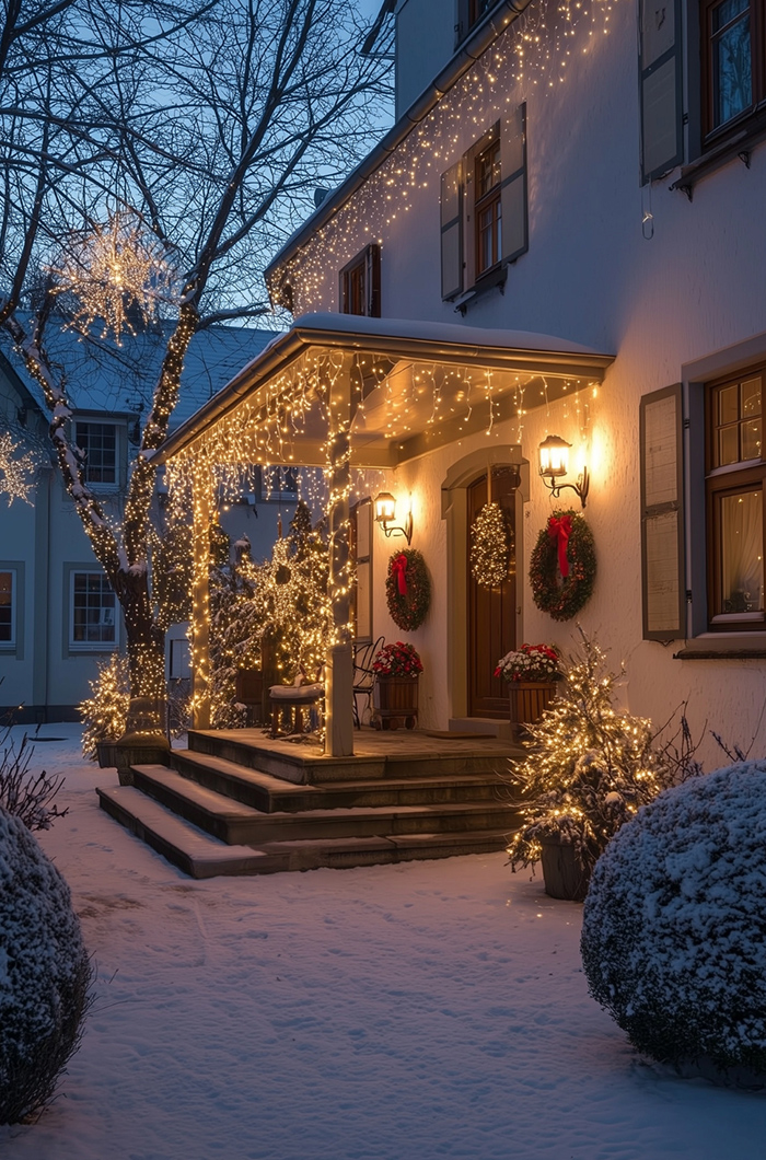 Beleuchtete Bäume und Sträucher unterstützen das feierliche Ambiente rund um das Haust