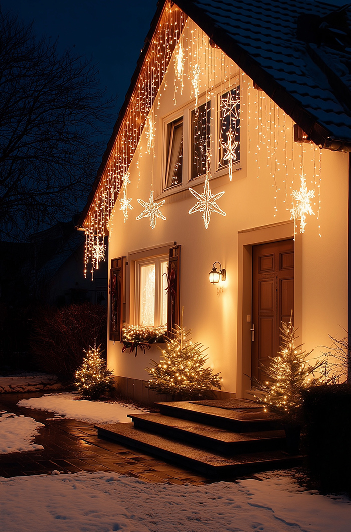 Ein Lichtervorhang an der Dachtraufe und beleuchtete kleine Christbäume sorgen für wunderbare Weihnachtsstimmung