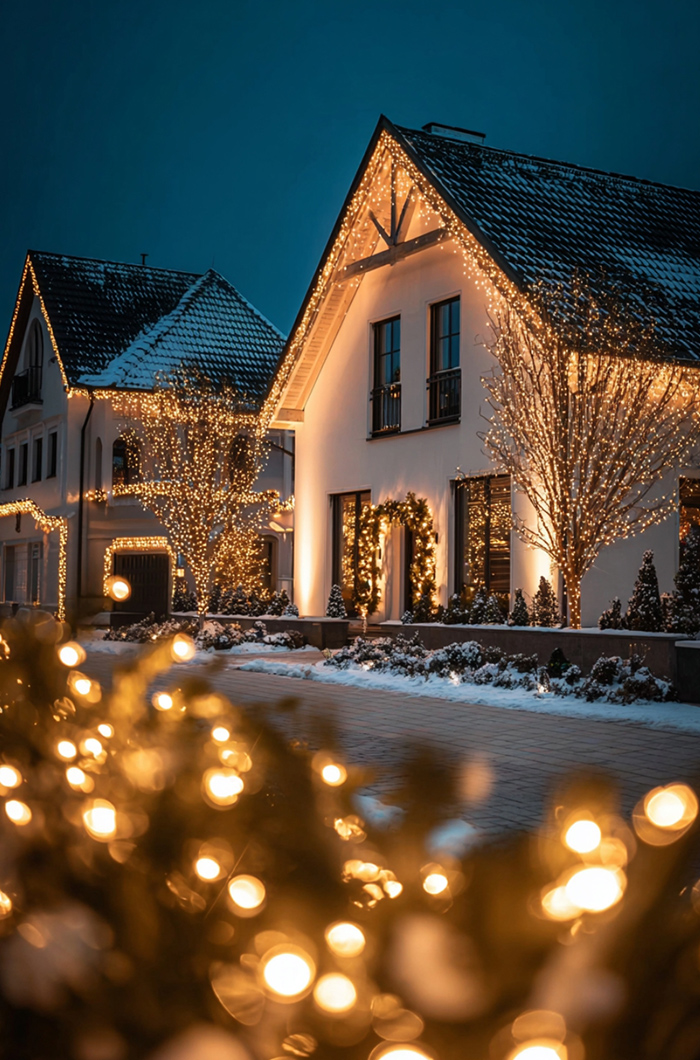 Ein Türbogen mit beleuchteten Tannenzweigen schafft eine besonders festliche Atmosphäre vor dem Eingang