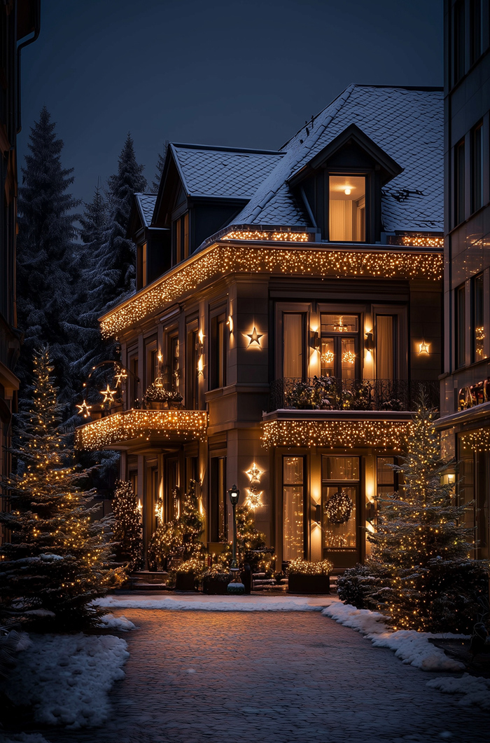 Großes schneebedecktes Haus mit umfangreicher warmweißer Weihnachtsbeleuchtung zum Bestaunen und Genießen