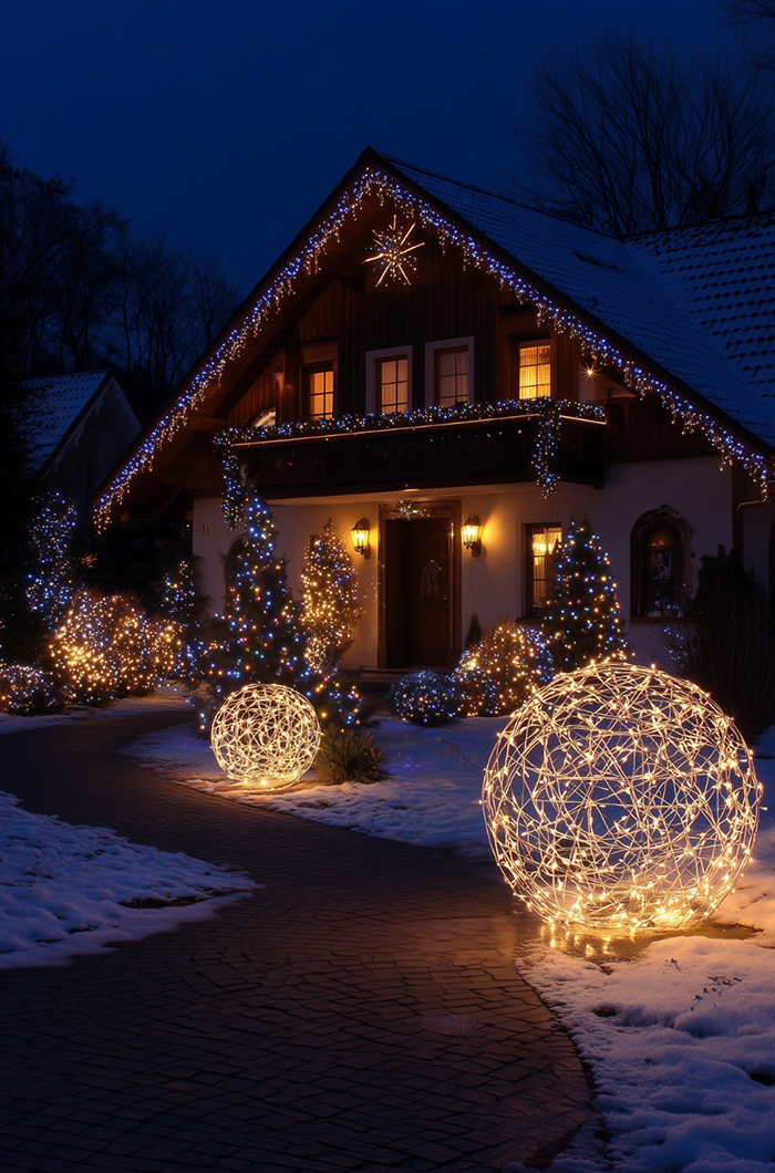 Märchenhaft anmutende warmweiße und blaue Weihnachtsbeleuchtung am und vor dem Haus