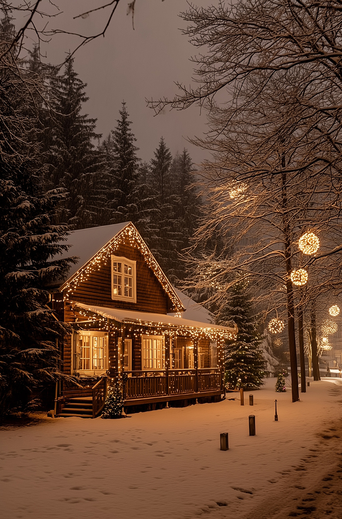 Mit Lichtschläuchen und Lichterketten festlich dekoriertes Haus inmitten einer idyllischen Schneelandschaft