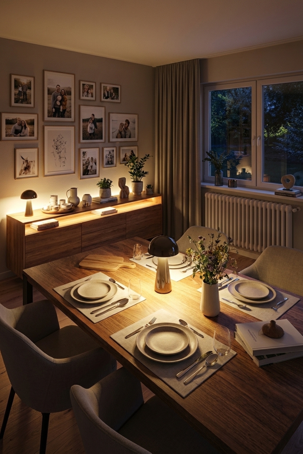 Bunter runder Tisch mit schlichter Akku-tischleuchte und Blumendeko