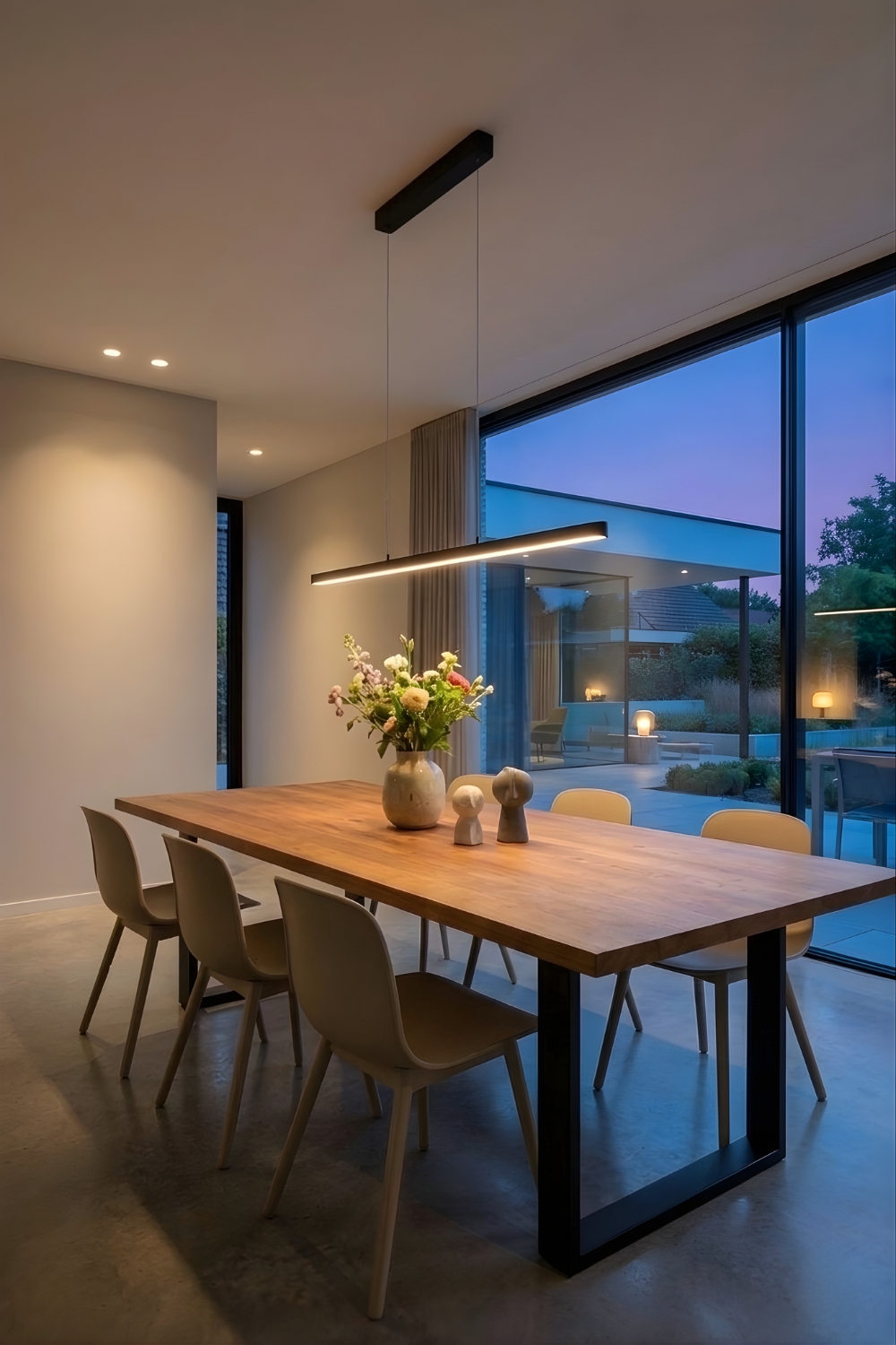 Moderne Pendellampen über grossem Esstisch aus Holz