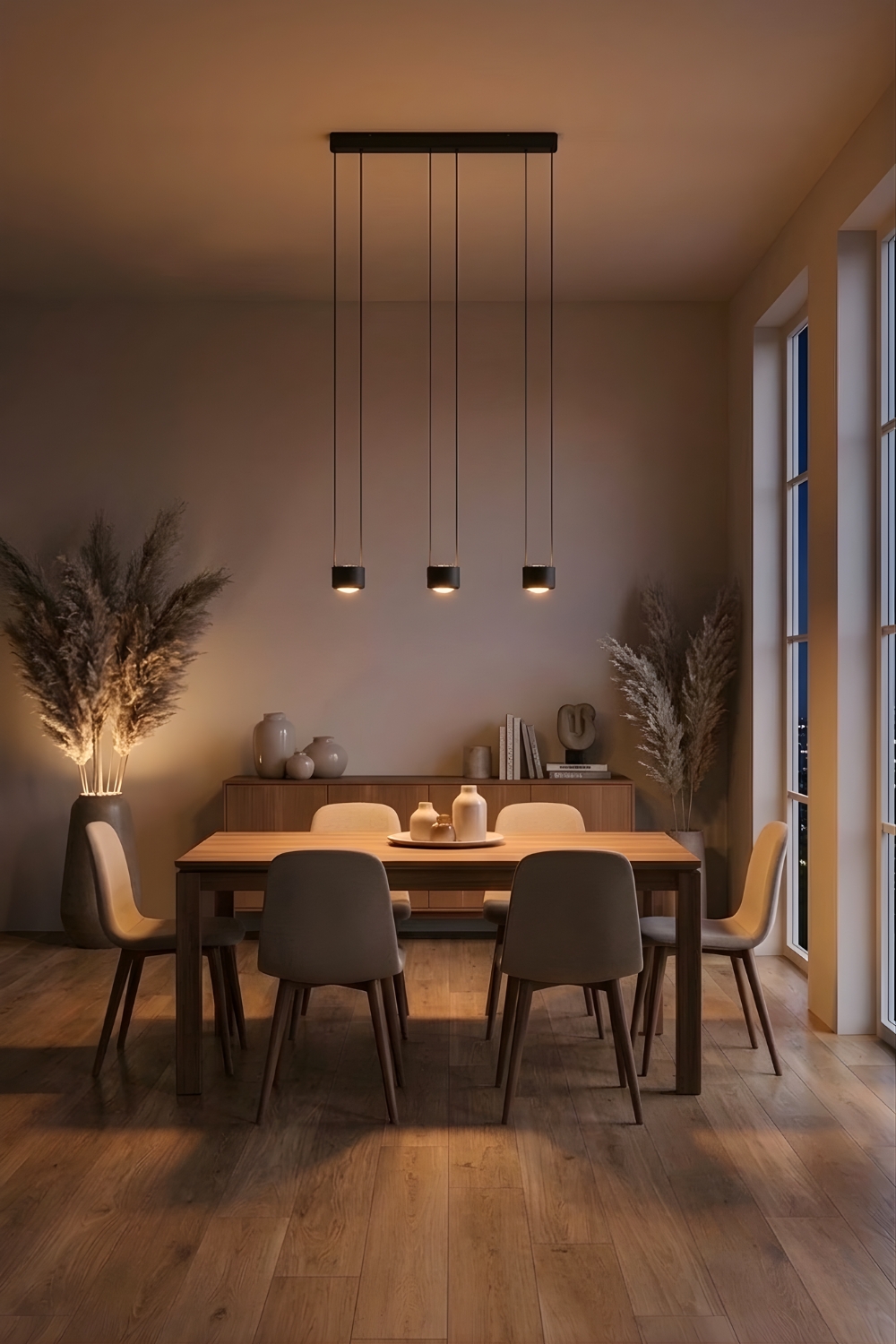 Moderne dreiflammige Hängelampe mit schwarzen Kabeln