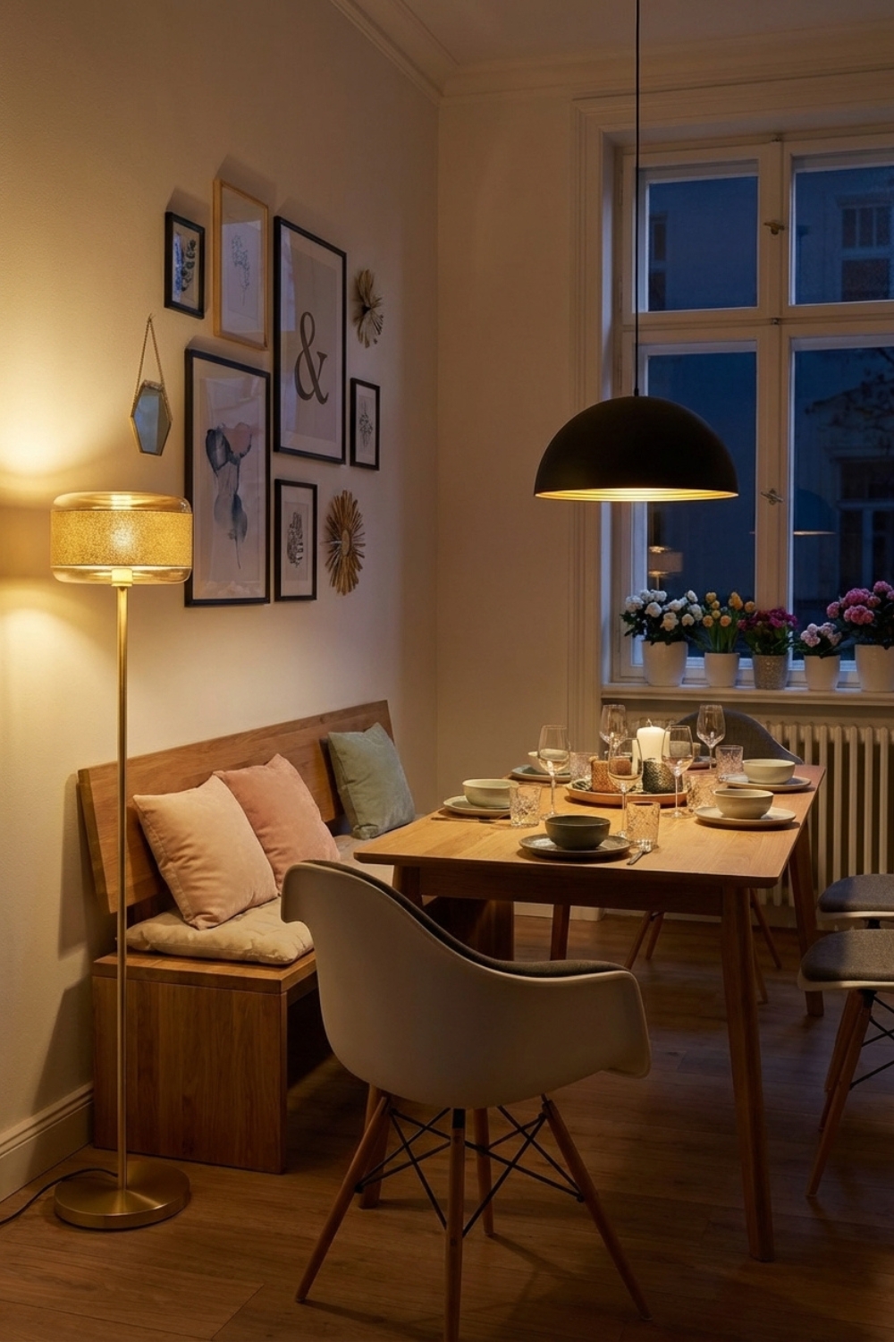 Esstischgruppe mit zentraler Hängeleuchte und Stehlampe neben Esszimmerbank