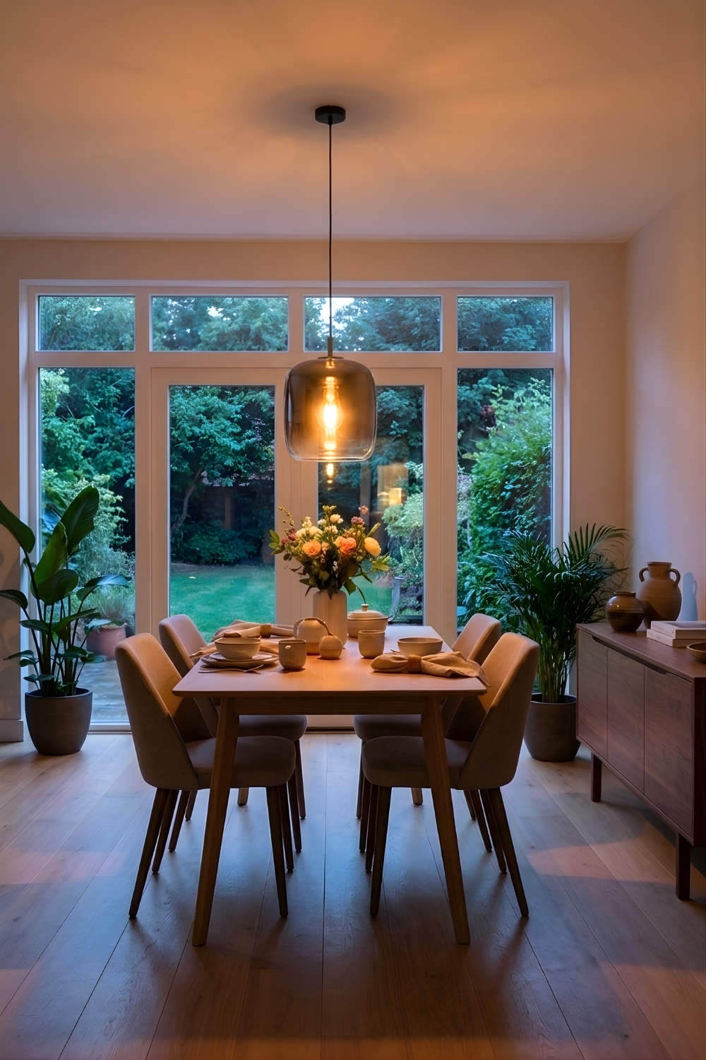 Deckenleuchte im extravaganten Design über filigraner Esstischgruppe