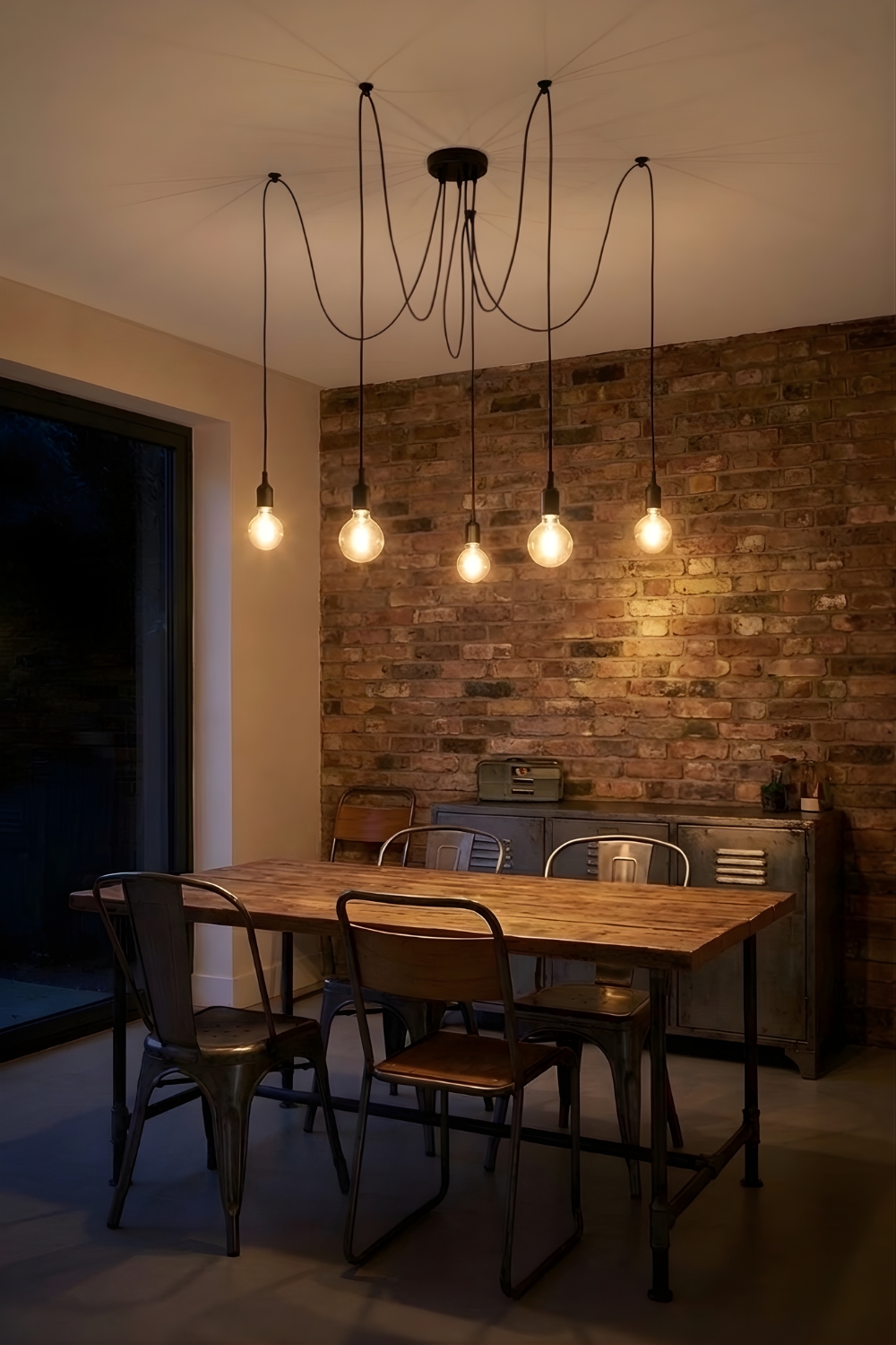 Pendellampe im industrial Design über rustikalem Holztisch